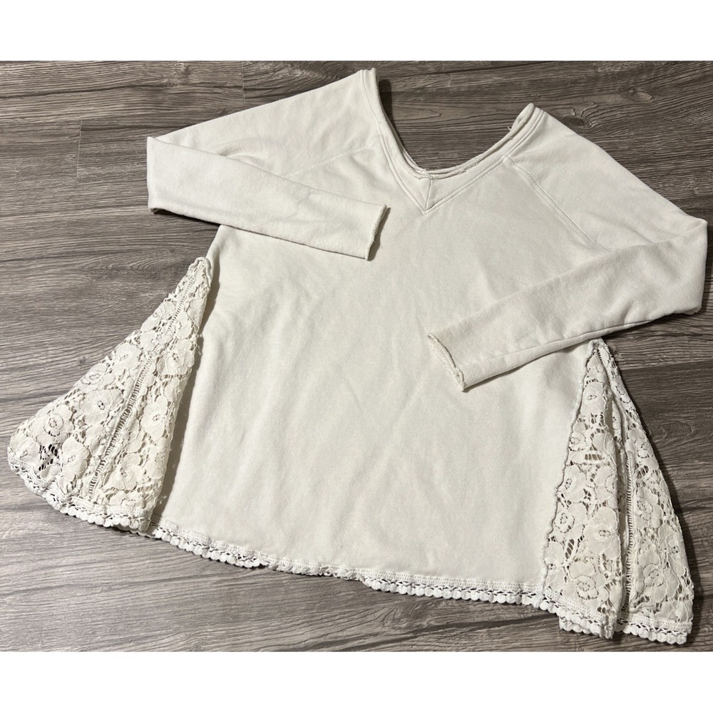 Free People No Frills Crochet Lace Insets Pullover Sweater Size XS in Cream